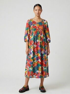 Vintage Patchouli from nature Floral Cotton Boho Kaftan Midi Sun Dress M